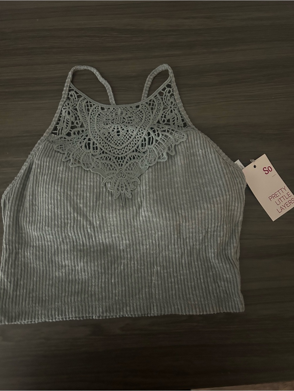 PrettyLittle Layers Women's Grey Lace-Trim Ribbed Halter Tank